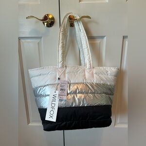 NWT WILDFOX Black White Silver Colorblock Zip Top Tote